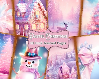 Pastel Christmas Junk Journal Pages Vintage Pink Christmas Ephemera Digital Scrapbook Christmas Paper Kit Fantasy Collage Printable PNG PDF