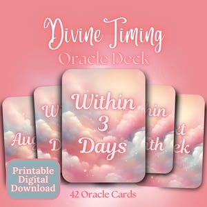 Puede incluir: Una baraja de oráculo rosa con las palabras "Divine Timing" y "Oracle Deck" en una fuente de escritura. Las cartas presentan un diseño de cielo nublado y las palabras "Within 3 Days". La baraja incluye 42 cartas y es una descarga digital imprimible.