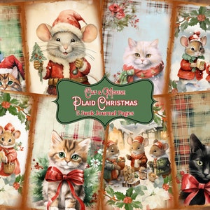 Pagine di diario natalizio con gatti e topi, quadretti vintage, effimeri natalizi, album digitale, kit di carta natalizia, collage, stampabile, PNG, PDF