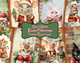 Cat and Mouse Christmas Junk Journal Pages Vintage Plaid Christmas Ephemera Digital Scrapbook Christmas Paper Kit Collage Printable PNG PDF