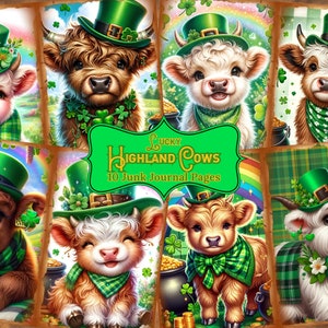 Plaid vert vaches des Highlands Fantasy Junk Journal Pages animaux de la ferme fleurs éphémères Kit de papier scrapbooking numérique vintage imprimable JPEG