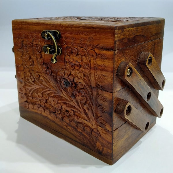 Boîte à bijoux en bois faite main, boîte de rangement artisanale, boîte en bois sculpté vintage, cadeau pour elle