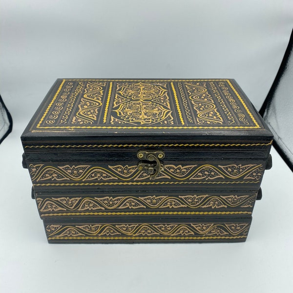 Handgemachte GROSSE SCHMUCKBOX, Schmuck-Organizer-Box mit Fächern, handgefertigt, bemalte Vintage-Schmuck-Aufbewahrungsbox, Holz, Home Decor