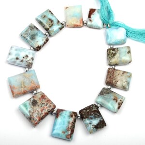 以下が含まれることがあります： 長方形のラリマーの宝石ビーズのネックレス。ビーズは、水色、茶色、白の混合で、シルバーカラーのスペーサーで繋がれています。ターコイズのタッセルがチェーンの端に付いています。