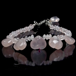 Rose Quartz Bracelet, Natural Rose Quartz Bracelet, Beautiful Heart Shape Bracelet, 8 Inch Adjustable Length, 925 Silver Lock with Chain