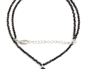 Natural Black Onyx & Spinal Necklace: 925 Silver Lock 16 Inch Length Faceted Gemstone