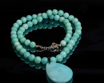 Peruvian Opal Necklace with Pendant: 925 Silver Lock 18 Inch Length 8 MM, 30X40MM