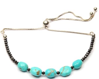 Natural Turquoise & Black Spinel Bracelet: 925Silver Lock with Chain Adjustable Length Bracelet