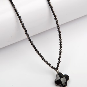 Black Onyx & Black Spinal Beaded Necklace | 16 Inch Length 2 And 13 MM Flower Shape Beads | Beaded Necklace With 925 Silver Lock | Gifts