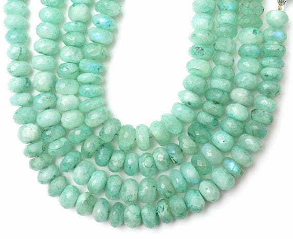 Green Moonstone Beads: 8-9mm Faceted Rondelle, Inch Strand