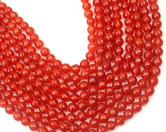Red Chalcedony Beads: 8mm Faceted Round Gemstone Strand