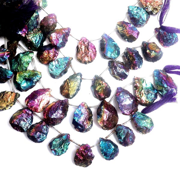 Mystic (AB Coated) Quartz Beads: Rough Pear Shape Gemstone 8 Inch Strand