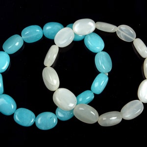 Natural Moonstone & Blue Quartz Bracelet: Oval Shape Gemstone 8 Inch Length Stretchable Bracelet