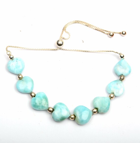 天然ラリマーブレスレット：滑らかなハート型の宝石、925シルバー