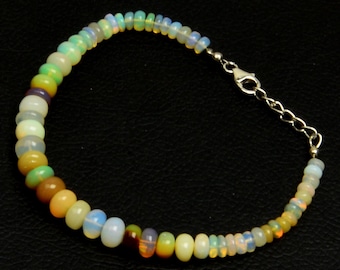 Natural Ethiopian Welo Opal Bracelet: 925 Silver Lock 8 Inch Length 4-7 MM