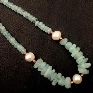 Aquamarin mit Perle Halskette, Natürliche Aquamarin Perlen Halskette, 16 Zoll Länge, Edelstein Halskette, Klassische Halskette, Minimalistische Halskette