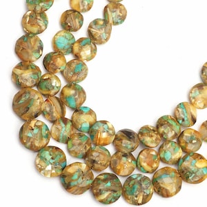 Spiny Oyster Turquoise Gemstone Beads/Turquoise & Spiny Oyster Faceted Coin Shape 8 Inch Strand 10-15 MM Beads/Wholesale Beads /Loose Beads