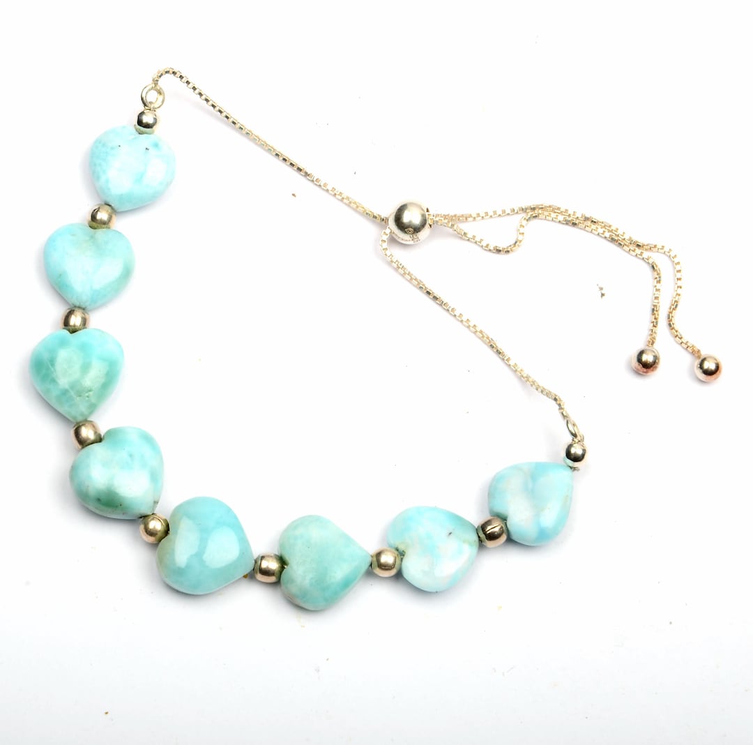 ラリマーハートブレス ラリマーハートブレスレット：天然石、925シルバーチェーン、9mm