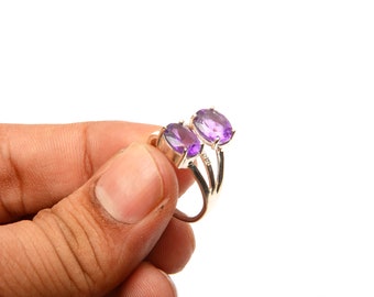 Best Quality Amethyst Stone Ring, Women Ring, Boho Hippie Ring, 925 Sterling Silver Ring, 2 Pieces Stone Ring, Handmade Silver Jewelry Ring