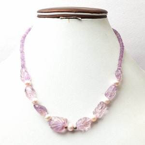 Amethyst Necklace, Natural Amethyst with Pearl Necklace, 16 Inch Length, Anniversary Gifts, 925 Silver Lock, Carving Beads, Women Necklace