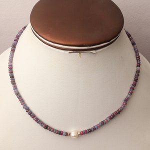 Multi Sapphire with Pearl Necklace, Natural Sapphire Beads, 16 Inch Necklace, Faceted Rondelle Beads, 925Silver Lock, Women Jewelry Necklace