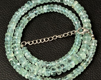 Natural Aquamarine Necklace: Faceted Rondelle Gemstone 925 Silver Lock 6-8 MM Beads Women Necklace
