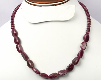 Ruby Beaded Necklace, Natural Ruby Gemstone Beads, Ruby Tumble & Rondelle Shape Beads, Semi Precious Beads, Ruby Necklace, 925 Silver Lock