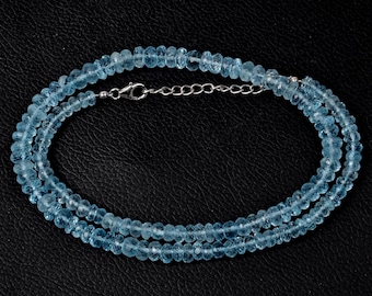 Natural Blue Topaz Necklace: 925Silver Lock Faceted Rondelle Gemstone 5-7 MM Beads Women Necklace