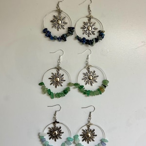 Beaded silver sun hoop earrings/crystal gemstone celestial sun earrings/earthy boho hippie jewelry