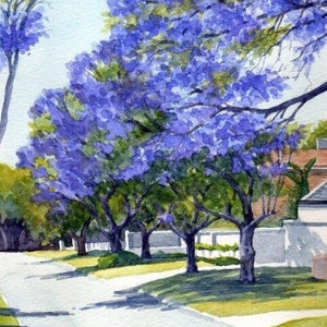 Tarjeta de felicitación de la avenida bordeada de árboles de Jacaranda con mi pintura original de acuarela, en blanco por dentro para cualquier ocasión, con sobre blanco.
