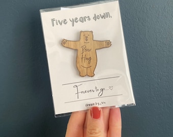 5th Wedding Anniversary Gift, Wooden Bear Hug Token | 6cm Engraved Bear | 5 Years Married | Cute Wood Theme Keepsake for Husband or Wife