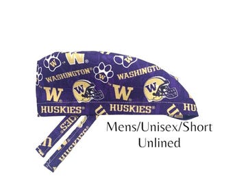 Short Hair Unisex Men's Surgical Scrub Hat Made with Licensed University of Washington Huskies fabric OR Cap Dental Nurse Doctor Anesthesia