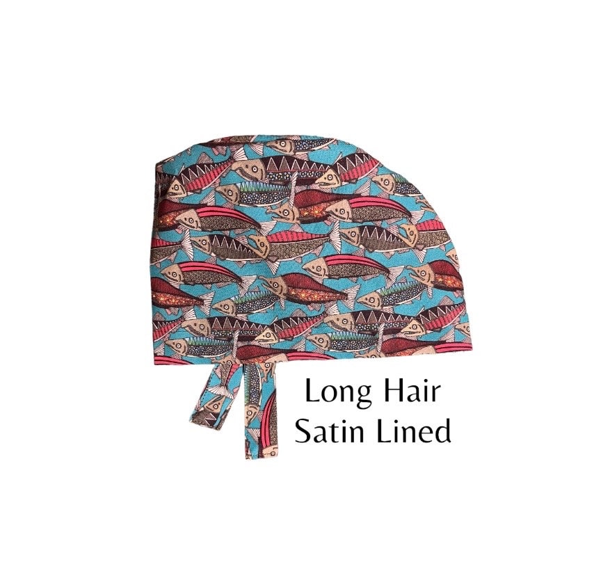 Alaskan Salmon SATIN Lined Long Hair Surgical Scrub Cap CRNA Operating Room Nurse Cute Bonnet Doctor Anesthesia Women Fishing Outdoor Sport