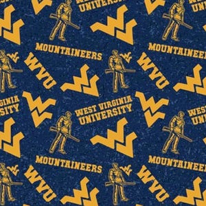 May include: A navy blue pattern featuring gold WVU logos, Mountaineer figures, and text that reads "West Virginia University" and "Mountaineers". The WVU logo is a stylized "W" and "V" intertwined.