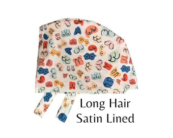 Plastic Surgery Boob Satin Lined Long Hair Surgical Scrub Cap OBGYN CRNA OR Nurse Bonnet Women&#39;s Rights Doctor Gift Anesthesia Cute Anatomy