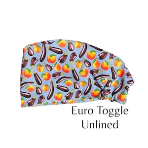 Eggplant Peach Vegetable Euro Toggle Surgical Scrub Cap Vet Tech Radiology CRNA Cute Doctor Nurse Anesthesia Long Hair Funny Plastic Surgery