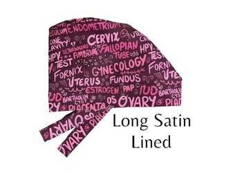 Gynecology Satin Lined Long Hair Surgical Scrub Cap OBGYN CRNA OR Nurses Bonnet Women&#39;s Rights Doctor Gift Anesthesia Cute Pink Purple Ovary