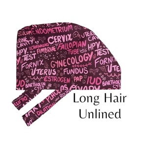 Gynecology Fun Long Hair Surgical Scrub Cap OBGYN CRNA OR Bonnet Women&#39;s Rights Nurse Doctor Gift Anesthesia Cute Pink Purple Ovary L&D Hat