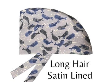 SATIN LINED | Narwhal Ocean Sea Animals Navy Whales Fun Printed Surgical Scrub or Hat Bonnet Dental Vet Nurses Doctors Anesthesia CRNA xray