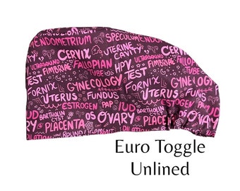 Gynecology Fun Euro Toggle Surgical Scrub Cap OBGYN CRNA OR Bonnet Womens Rights Nurse Doctor Gift Anesthesia Cute Pink Purple Ovary L&D Hat