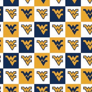 May include: A repeating pattern of the West Virginia University logo, a gold "WV" inside a blue "V", set against a checkerboard background of white, gold, and navy blue squares. The design is symmetrical and uniform.