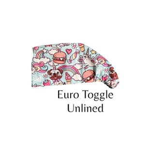 Fun Rainbow Cartoon Unicorn Cat Dog Euro Toggle Scrub Cap CRNA OR Nurse Cute Hats Bonnet Doctor Anesthesia Long Hair Candy Ice Cream Burger