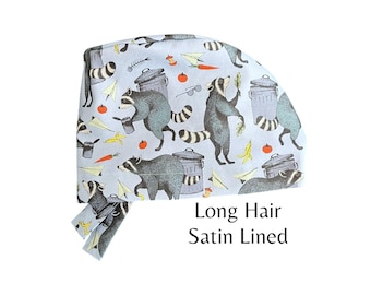 Raccoon Trash Panda Satin Lined Long Hair Womens Surgical Scrub Cap OR Hat Dental Vet Tech Nurse Doctor Anesthesia Radiology Cute Critters
