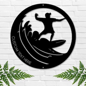 Personalized Metal Surfer Sign, Custom Name Surfing Decor, Surf Shop Sign, Unique Surfing Gift, Wave Wall Art, Garage Sign, Dad Gift for Him