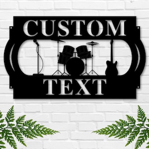 Custom Metal Sign, Guitar Drums Microphone, Personalized Music Decor, Musician Gift, Custom Name Sign, Rock Band Wall Art, Home Studio Decor