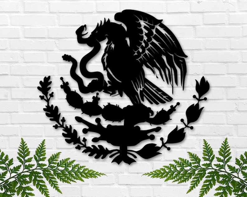 Op de afbeelding: Zwart-witte silhouet van het Mexicaanse wapenschild, met een adelaar die op een cactus zit met een slang in zijn bek. De adelaar kijkt naar links, met zijn vleugels wijd uitgespreid. De cactus is omringd door takken en bladeren.