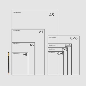 May include: A diagram showing various paper sizes, including A3, A4, A5, A6, and 8x10, 6x8, 7x5, and 6x4 inches. Dimensions in millimeters are also displayed. A black and gold pencil is placed next to the A6 size for scale.
