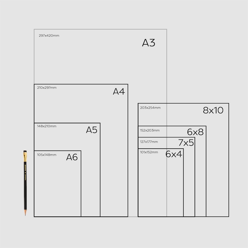 May include: A diagram showing various paper sizes, including A3, A4, A5, A6, and 8x10, 6x8, 7x5, and 6x4 inches. Dimensions in millimeters are also displayed. A black and gold pencil is placed next to the A6 size for scale.