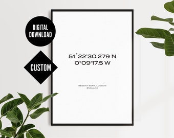 May include: A framed print with a white background displays coordinates and the text "Regent Park, London, England." The words "Digital Download" and "Custom" are also present. The print is in a black frame.