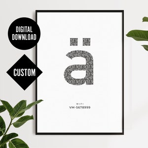 Może przedstawiać: Oprawiony wydruk artystyczny o minimalistycznym designie. Wydruk przedstawia literę "ä" w pikselowanym wzorze, ze słowami "DIGITAL DOWNLOAD" i "CUSTOM" w czarnych kształtach. Poniżej litery wyświetlany jest tekst "WIFI" i "VM-5678999".